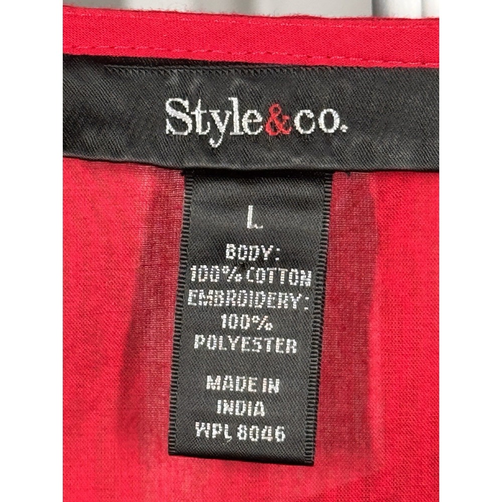 Style & Co Red Embroidered Peasant Blouse Women Large Boho Cotton Top - Picture 4 of 6